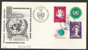 UN-GENEVA # 1,3,8,11  Definitives on FDC  (1)  First Day Cover