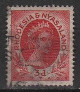 Rhodesia & Nyasaland 1954 Scott 144 used,  3p Elizabeth II