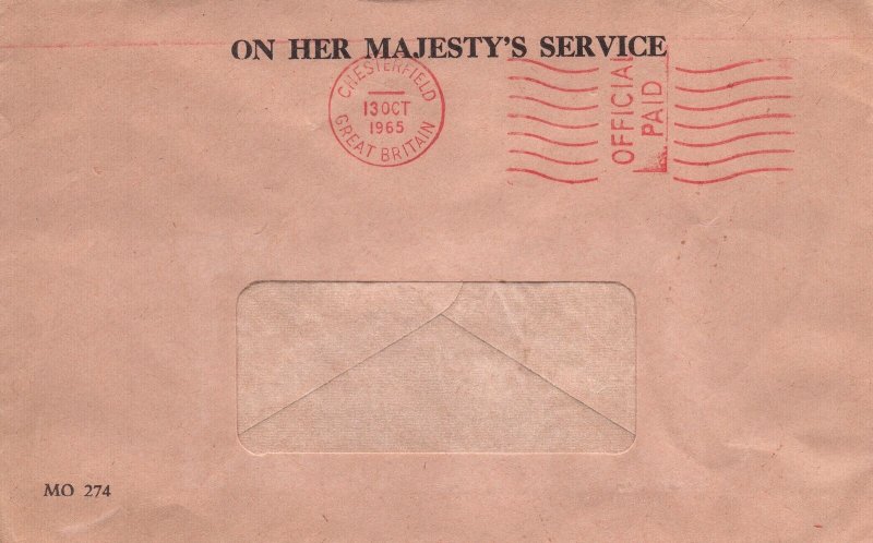 GREAT BRITAIN ON HER MAJESTY'S SERVICE OFFICIAL MAIL PAID CHESTERFIELD 1965