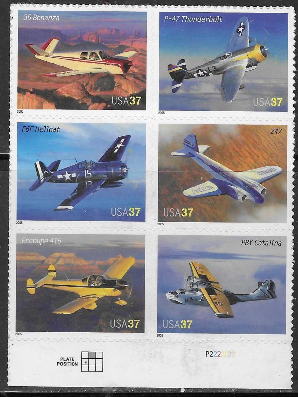 US#3916-3920,3924 $0.37 American Aircraft plate# block of 6 (MNH) CV $4.80