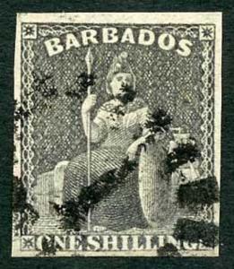 Barbados SG12a 1855-58 QV 1/- Black No Wmk White Paper Imperf VFU