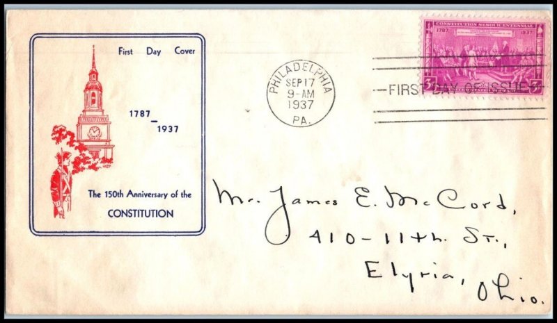 1937 U. S. Constitution 150 years Sc 798-45 FDC with 1st Fidelity Stamp Company