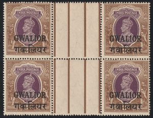 EDSROOM-O16814 India Gwalior State 113 MNH 1949 Gutter Block of 4