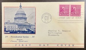 843 Unknown cachet James Madison Coils, Presidential Series FDC 1939