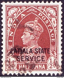 INDIA PATIALA 1938 KGVI ½a Red-Brown 'Service' SGO63 FU