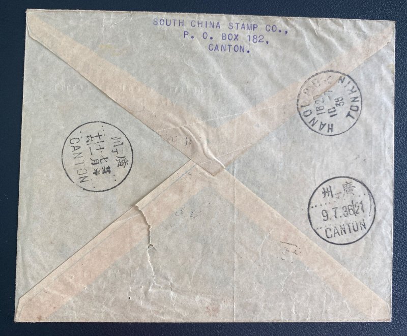 1936 Canton China First Flight Airmail Cover To Hanoi Tonkin CNAC- Air France