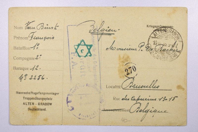 Germany 1918 POW Card to Belgium / Judica - L39782