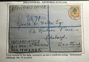 1931 Johannesburg South Africa First Flight Cover FFC To Edinburgh Scotland