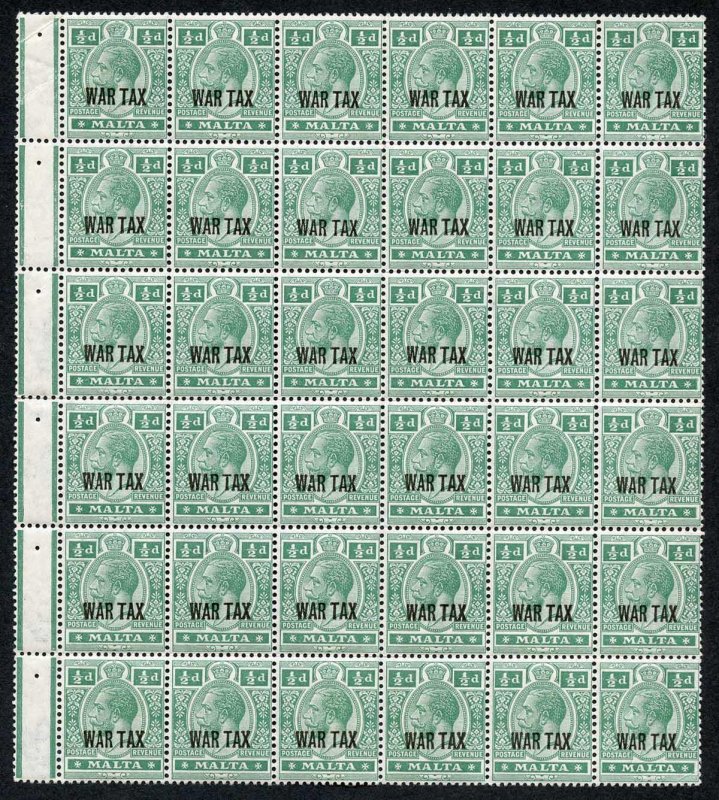 Malta SG92 1/2d Deep Green opt WAR TAX Block of 36 U/M (1 stamp corner crease) 