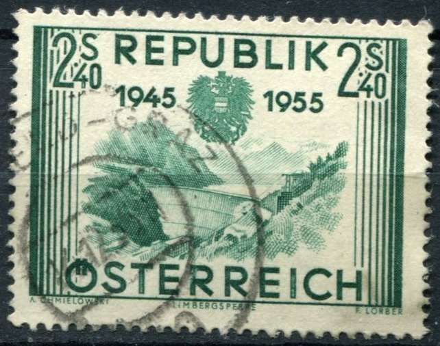 Austria Sc#603 Used, 2.40s dk bl grn, Recovery Independency (1955)