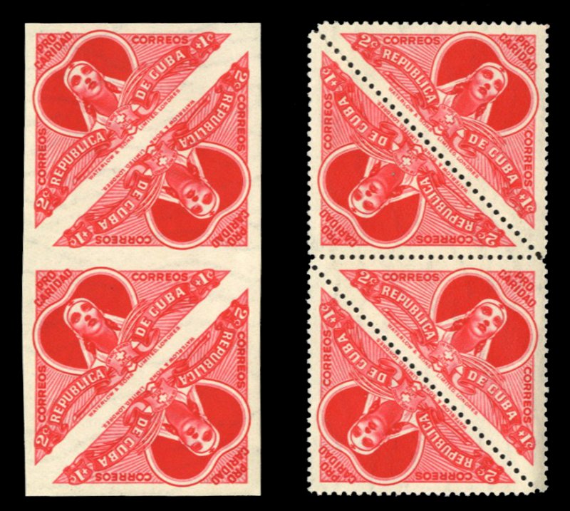 Cuba #B4 Cat$16.80+, 1959 Nurse, perf. and imperf. blocks of four, never hinged