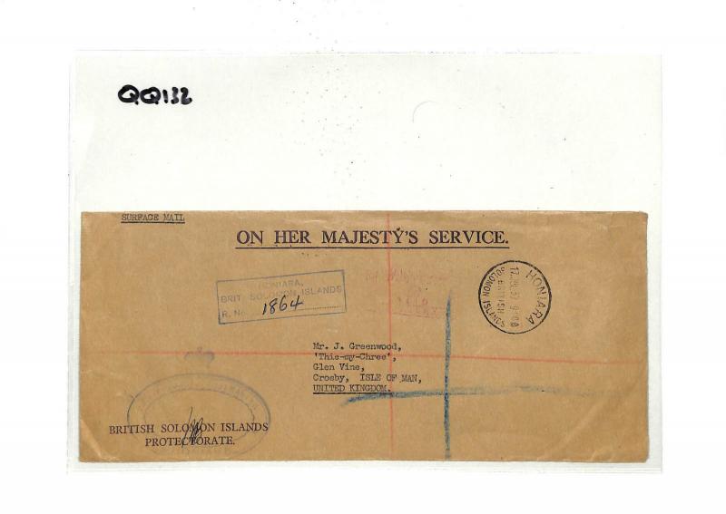 QQ132 1957 Honiara Solomon Islands Crosby Isle Of Man UK Cover {samwells-covers}