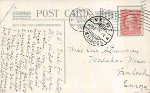 BIRDS HOQUIAM WASHINGTON FLAG CANCEL TO MALAKS FINLAND POSTCARD 1911