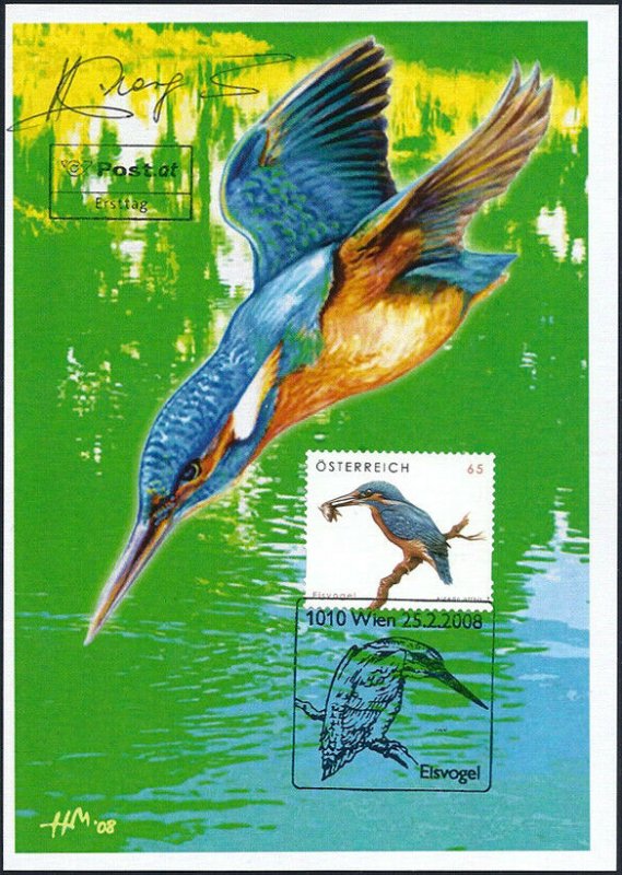 2008 Austria Birds, Kingfisher, Self-Adhesives, Artist signed FDC Maxi Card! 