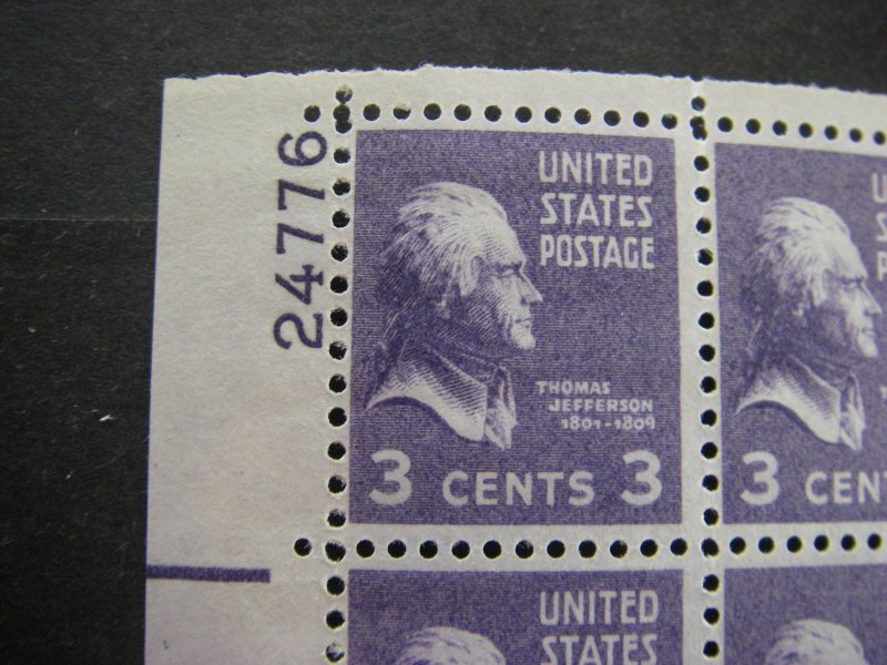 Scott 807, 3c Thomas Jefferson, PB4 #24776 x4, Matched Set, MNH Prexie Beauties