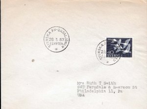 Sweden 1957 Scott 493 Nordin Swans on Conflict Cover from Egyptian Peacekeeper