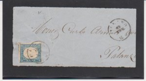 SARDINIA ITALY, 1862 20c SKY BLUE(4th PRINT)ON COVER Front only Scott # 12e