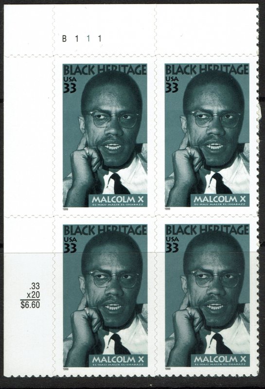 United States #3273 Plate Block MNH - Malcolm X (1999)