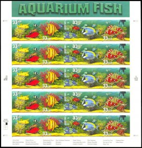 Aquarium Fish Collectible Sheet of 20 33 Cent Stamps Scott 3317-20