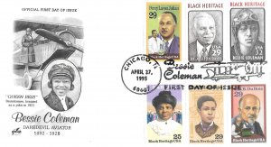 1995 FDC, #2956, 32c Bessie Coleman, Art Craft, Black Heritage combo