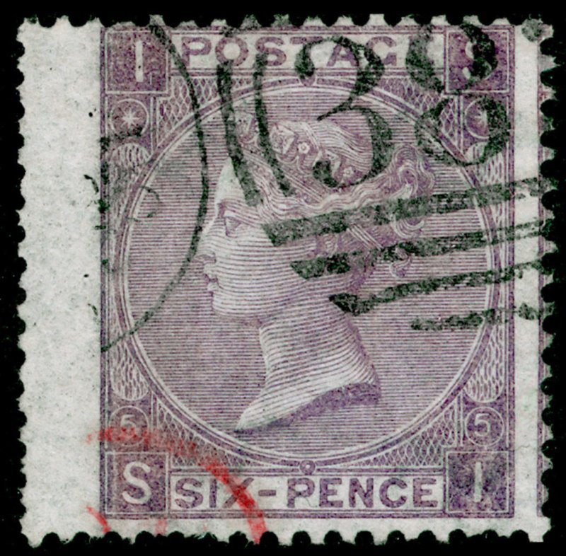 SG97, 6d lilac PLATE 5 part red PD postmark, FINE USED. Cat £100. SI