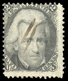 United States, 1861-66 #72 Cat$70, 1861 2c black, pen cancel