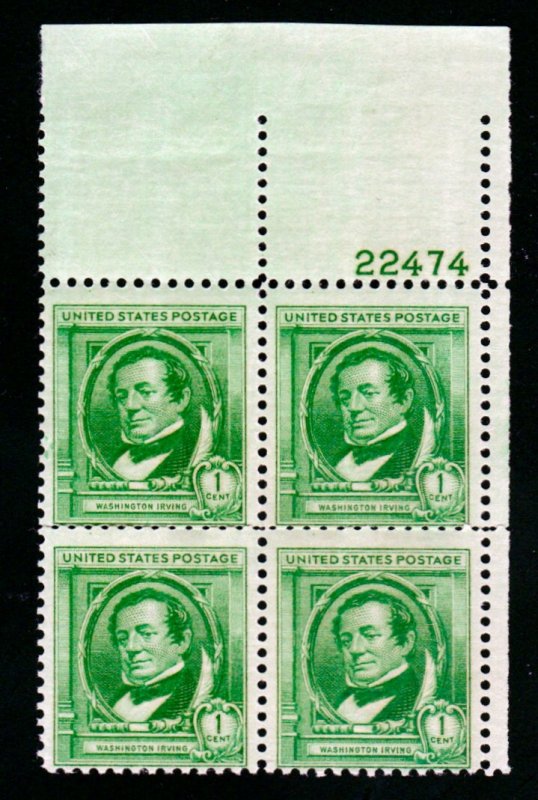 SC# 859 - (1c) - Washington Irving, MNH - plate blk/4 - UR # 22474