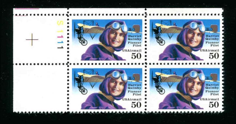  US Air Mail Sc C128 50¢ Harriet Quimby Bleriot Airplane Mint NH  Plate Block