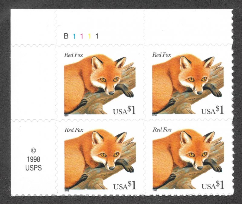 3036a MNH $1 Red Fox, UL Plate Block,  Free Insured Shipping,