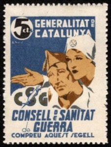 1937 Spain Civil War Poster Stamp  5 Centimos Catalonia War Health Council