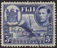 Fiji SG#257 Used - 1938 3d.  - Boats and Ships, Heraldic