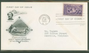 US 855 1939 Baseball (3c) 100th Anniversary(single) on an addressed FDC with an artcraft cachet