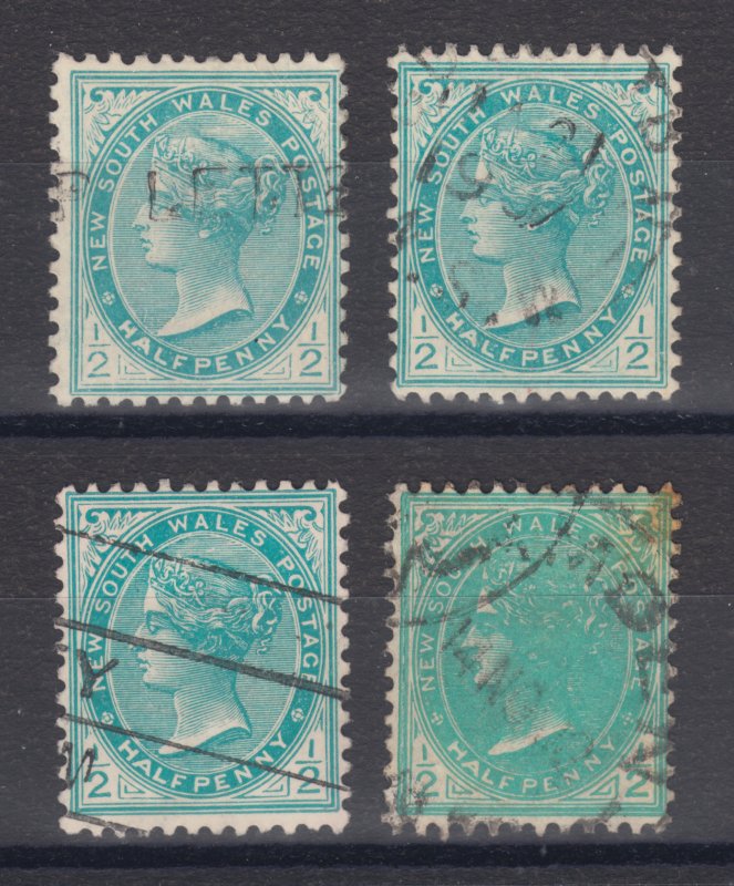 New South Wales SG 333, 333a, 333b + very worn plate, used. 1905-08 ½p Chalky pa