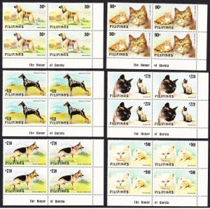 Philippines Cats and Dogs 6v Corner Blocks with Margins 1979 MNH