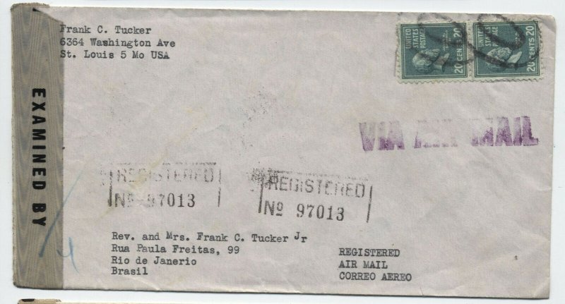 1945 St. Louis registered airmail to Brazil 2x 20ct prexie [y4418]