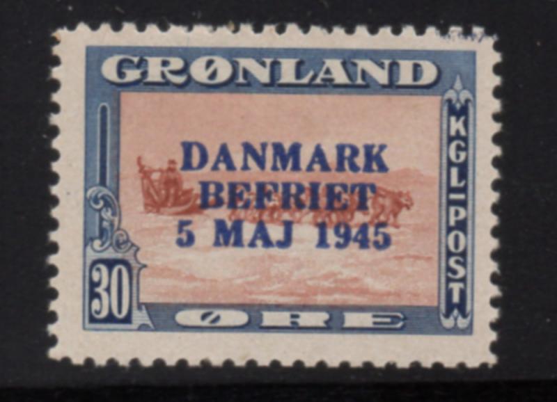 Greenland Sc 25 1945 30 ore dogsled DANMARK BEFRIET overprint stamp mint