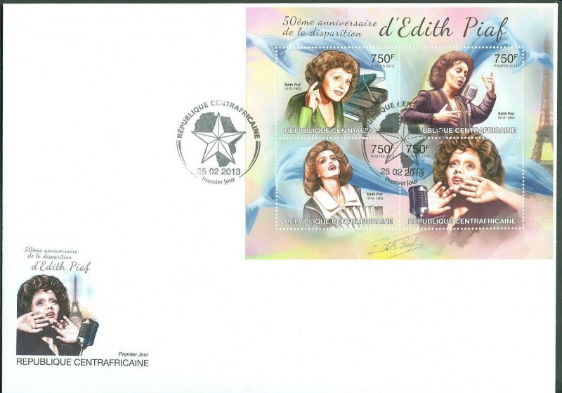 CENTRAL AFRICA 2013 50th MEMORIAL ANNIVERSARY EDITH PIAF SHEET FDC