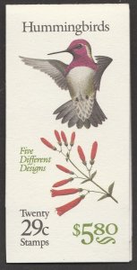 US 2642-2646 2646a BK201 Hummingbirds 29c booklet 20 A1111111 MNH 1992