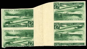 Spain #605BP, 1938 Submarine, 2p proof in green, gutter tete-beche block of f...