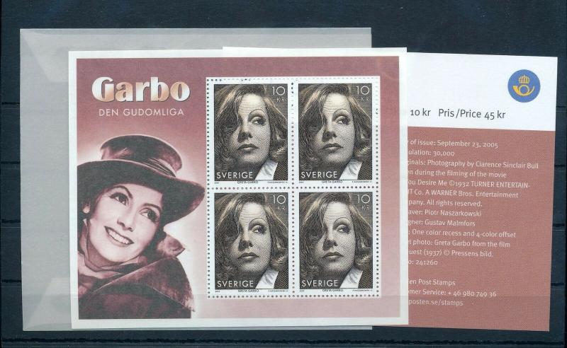 SWEDEN 2005 Greta Garbo Sheet Movie Star Unused Unhinged Sheet Pack (Zc224s