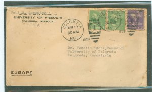 US 804/807 Two 1c Prexies + A 3c prexy paid the 5c per ounce international surface rate on this pre-war uncensored cover(April,