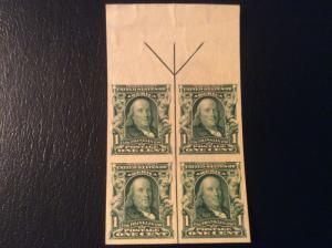 U.S.#314 B. Franklin 1c Imperf. Center Line w/Arrow, Blk of 4,MNH See descrip.