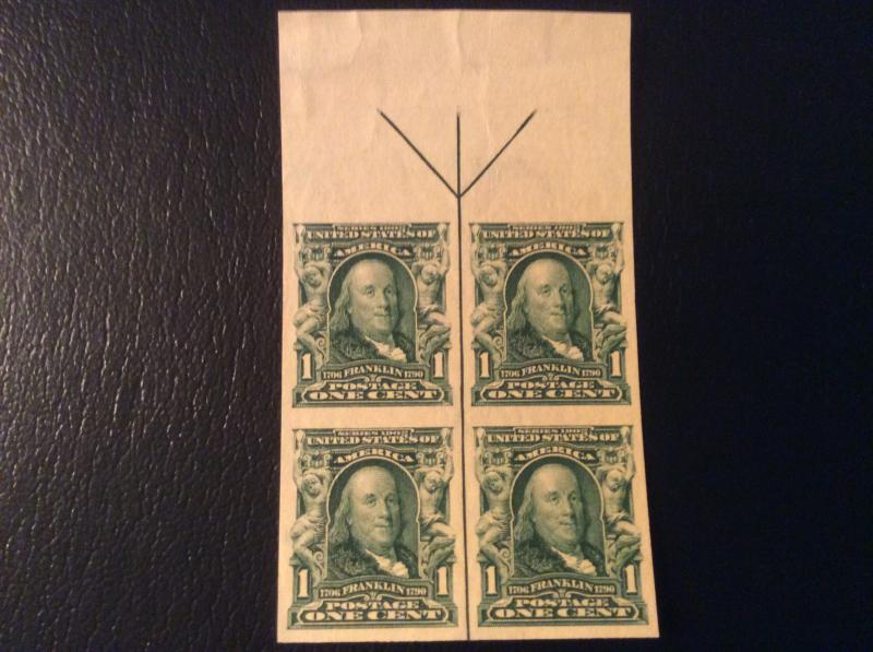 U.S.#314 B. Franklin 1c Imperf. Center Line w/Arrow, Blk of 4,MNH See descrip.