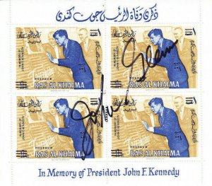 Autograph John Glenn on Mint Ras Al Khaima Souvenir Sheet of 4 In Memory JFK