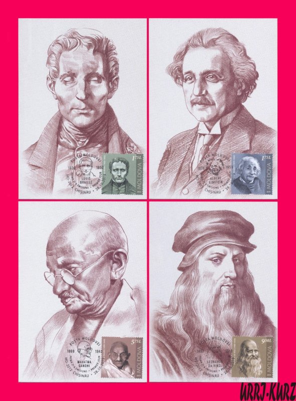 MOLDOVA 2019 Famous People Braille Einstein Gandhi Da Vinci 4 Maxicards Cards