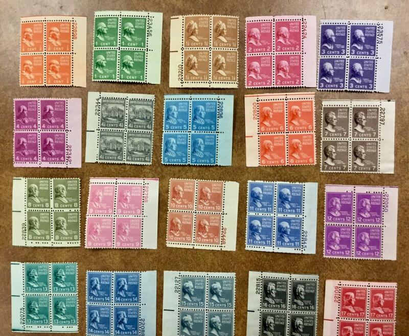 US #803- 826  1938 Prexie Short set to 21c  24 Plate Blocks of 4, NH F/ VF 