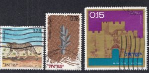 Israel 1971 78a Deer, 78a Emblem, 15a Gate, Scott 439, 446-447 used, value = 75c