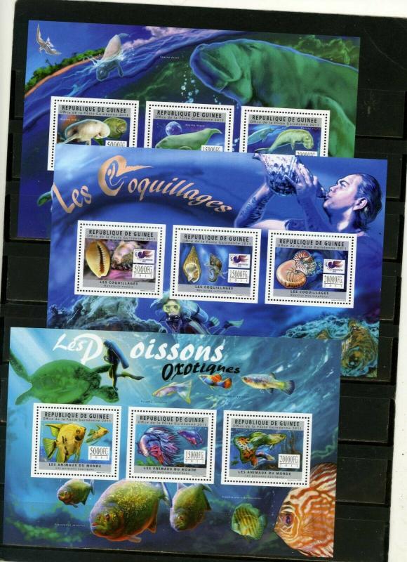 GUINEA 2011 FISH AND MARINE LIFE 3 SHEETS OF 3 STAMPS MNH 