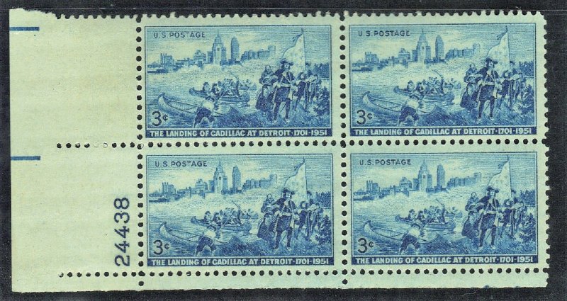 USA  SCOTT #1000  MNH 1951  3c  PB of 4  LANDING OF CAADILAC  SEE SCAN