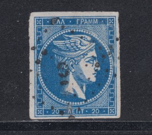 Greece Sc 13 used. 1862 20 l blue on bluish Hermes, Fine print, tiny thin